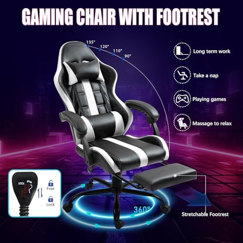 ECOTOUGE Massage Gaming Chair with Footrest & Lumbar Support, White | Premium PU Leather; Ergonomic Massage Lumbar; 90-135° Recline; Height Adjustable; Retractable Footrest; 330Lbs Steel Frame - Image 6
