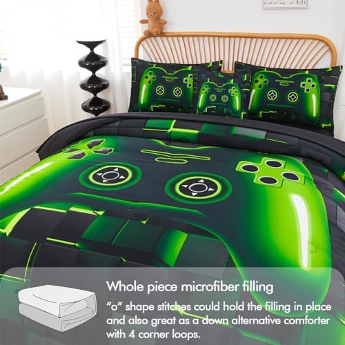 PERFEMET 6 Pcs Full Size Gamer Comforter Set Boys Green Game Console Bedding Set for Kids Teen 3D Black Video Gaming Pattern Bed in A Bag for All Seasons(Green, Full) - Image 6