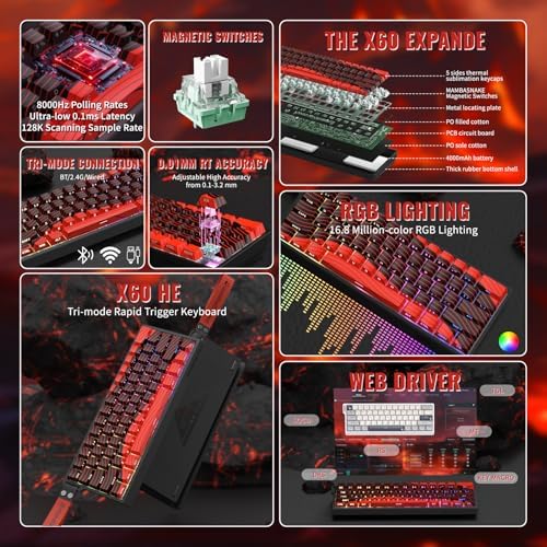 Attack Shark X11&X60HE Mechanical Wireless Gaming Combo,Rapid Trigger Magnetic Switches 8K Keyboard,59g Ultra-Light Mouse with Charging Dock, 22K DPI,PAW3311,RGB Backlit 3-Mode with Coiled Cable-Red - Image 2