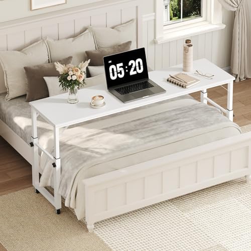 MAHANCRIS Overbed Table with Wheels, Mobile Bed Desk for Queen Size, 36"-43.5" Adjustable Height Rolling Table, Recliner Desk, Mobile Cross Bed for Bedroom, Living Room, Office, White MTWT18001 - Image 6