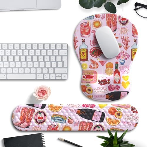 Cute Pink Mouse Pad and Keyboard with Wrist Rest Ergonomic Aesthetic Gaming Mouse Pads, Best Desk Decor Office Cute Pink Desk Accessories Mouse Pad with Wrist Rest, Vacation Style Soft Gel Material by Mechanical+Cattle