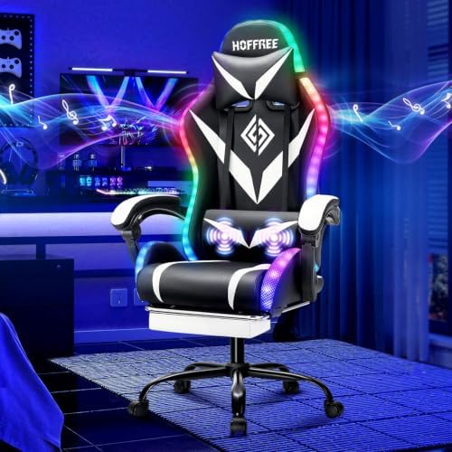 LED Gaming Chair with Speakers RGB Lights Massage Computer Chairs-White | Bluetooth Game Chairs for Adults;Ergonomic High Back Video Game Chair; Reclining Gamer Chair with Footrest Lumbar Support by HOFFREEOfficial
