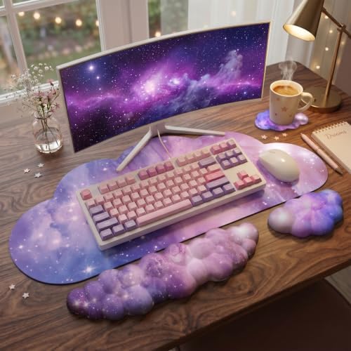 Cloud Mouse Pad Keyboard Wrist Rest for Mouse 4PCS Extended Large Desk Mat Pad Set Memory Foam Non-Slip Cute Ergonomic Gaming Mouse Wrist Support for Computer Home Office Purple Galaxy Space - Image 6