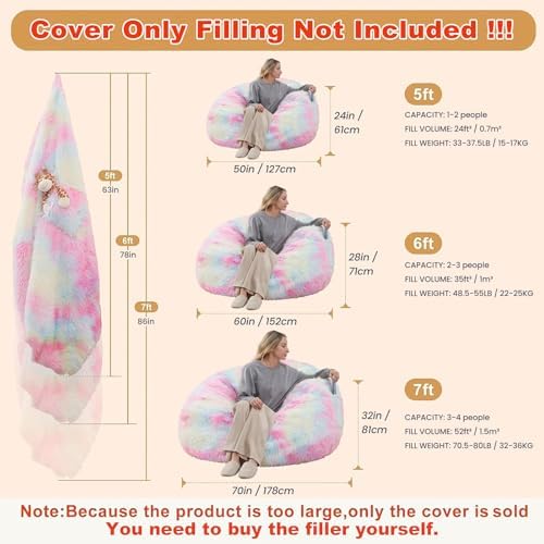Bean Bag Cover (No Filler), Faux Fur Beanbag Chairs Covers Only, Stuffed Animal Storage Bean Bag, Giant Washable Beanbag Cover Without Filling, 6FT, Rainbow - Image 2