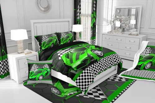 Feelyou Race Car King Comforter Set with Sheets for Kids Boys Black White Checkered Flag Print Bed in a Bag Extreme Sports Bedding Set 7 Piece Honeycomb Speed Sports Car Green Bed Set - Image 7