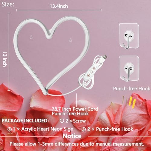 Pink Heart Neon Sign, Neon Heart Light for Wall Decor, Love Hearts LED Light up Sign 13.4×13 Inch Dimmable USB Powered Romantic Light Sign for Bedroom Valentine's Kids Room Wedding Party Decoration - Image 4