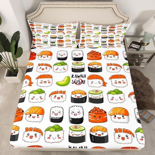Erosebridal Sushi Bed Sheets Full, Cartoon Sea Animal Sheet Set for Kids Boys Girls, Cute Sushi Pattern Bedding Set, Japanese Style Kawaii Bed Sheets, 1 Flat Sheet, 1 Fitted Sheet, 2 Pillowcases - Image 2
