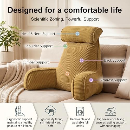 Bed Rest Reading Pillow, Backrest Pillow with Arms, Corduroy Back Support Cushion with Side Pockets & Washable Cover, for Sitting Up in Bed, Sofa Relaxing & Watching TV, Mustard Yellow - Image 3