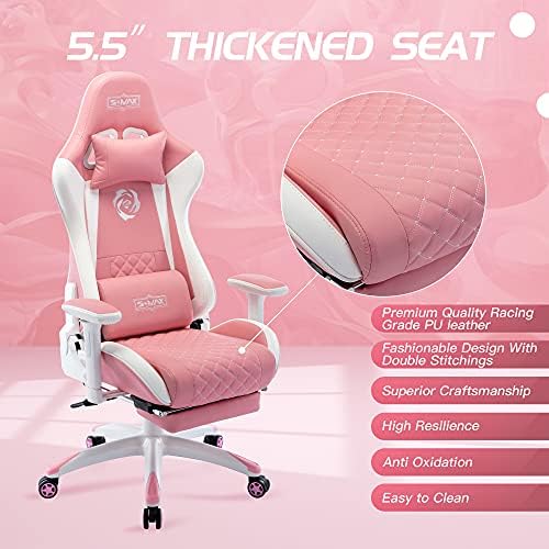 S*MAX Gaming Chair with Footrest Thicken Seat Ergonomic Gaming Chair with 3D Armrest PU Leather Gamer Chairs for Adults Headrest Lumbar Support Gaming Chairs for Adults Pink Large - Image 4