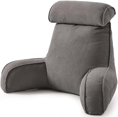 Reading Pillow for Sitting Up in Bed, Sofa & Floor – Corduroy Backrest Pillow with Arms, Side Pockets & Washable Cover, Bed Rest Pillow Back Support, Dark Grey by Ailuteie
