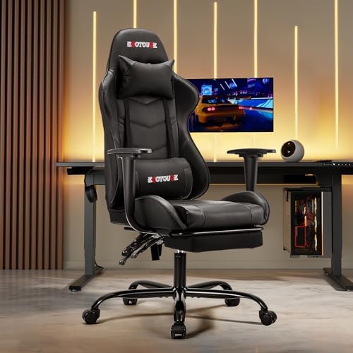 ECOTOUGE Black Ergonomic PC Massage Gaming Chair with Footrest | Reclining Racing PU Leather, Swivel Rocker, Headrest, Lumbar Pillow, Office Desk Chair, Adjustable Height, Sturdy Base - Image 2