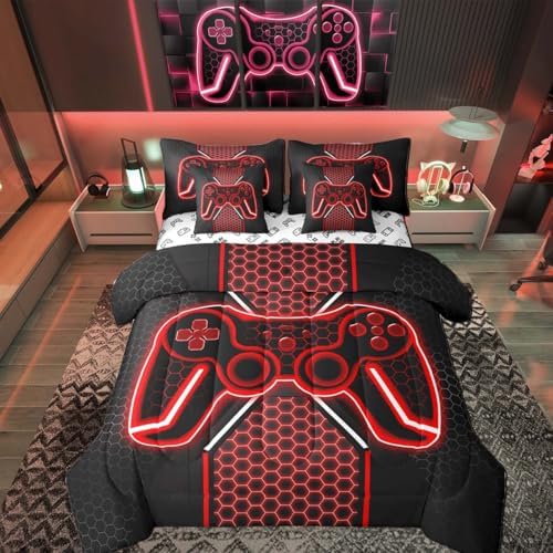 Feelyou Red and Black Bedding Set Twin Size Gamer Comforter Set with Sheets by Feelyou