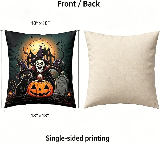 Halloween Throw Pillow Covers, Vampire and Black Cat Spooky Design, Linen, 18x18 Inch, Set of 2, Machine Washable - Image 5