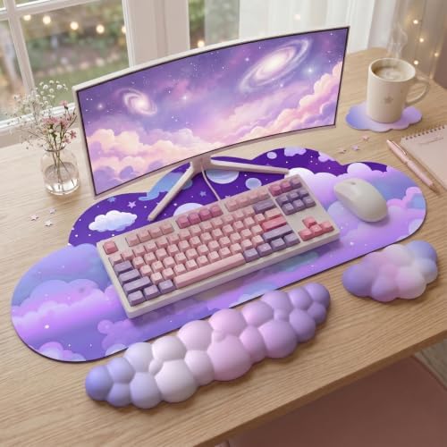 Cloud Mouse Pad Keyboard Wrist Rest for Mouse 4PCS Extended Large Stars Galaxy Space Desk Mat Pad Set Memory Foam Non-Slip Cute Ergonomic Game Mouse Wrist Support for Computer Home Office Purple Sky - Image 7
