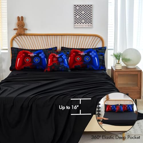 PERFEMET 6-Piece Boys Bedding Set Queen Size Red and Blue Game Console Kids Bed in A Bag Soft Lightweight 3D Cool Video Gamer Comforter Set with Sheets(Red Blue, Queen) - Image 5