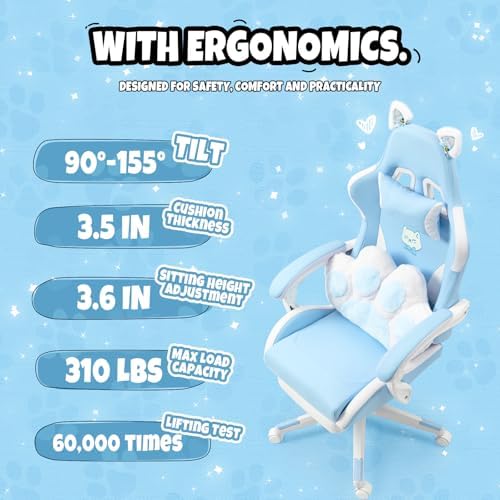 Cute Ergonomic Gaming Chair with Footrest, Girls Blue Gaming Chair with Cat Ears & Paw Lumbar Pillow for Adults Women Teens, 310 Lbs Capacity (Cute Blue) - Image 4