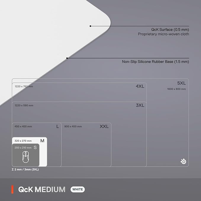 SteelSeries QcK Cloth Gaming Mouse Pad - Exclusive Micro-Woven Surface - Optimized for Gaming Sensors - Maximum Control - Size M - White - Image 5