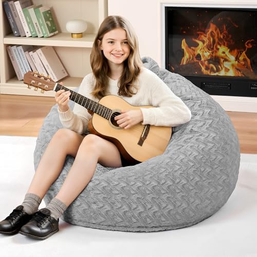2FT Bean Bag Chair,Giant Bean Bag Chairs for Adults,Big Bean Bags with Memory Foam Filled, Large Beanbag Chairs with Chevron Plush Cover-Light Grey by HABUTWAYMakeYourLifeComfortable