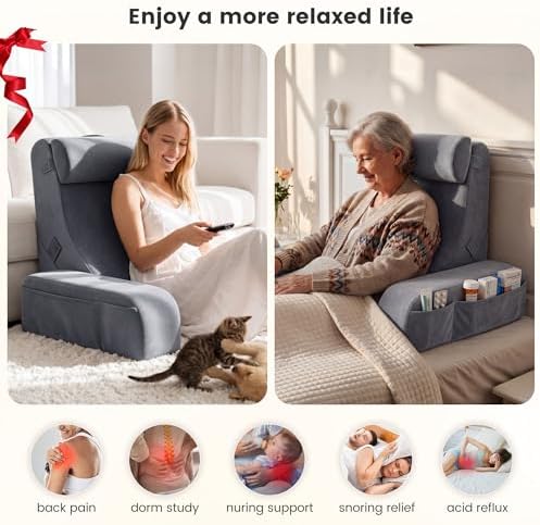 Homkdom Reading Pillow for Sitting in Bed Adult, 22" Back Pillow for Bed Sitting up with Armrests & Storage Pockets, Ergonomic Wedge Pillow for Watching TV, Gaming, Working, Recovery, 5PCS, Grey - Image 5
