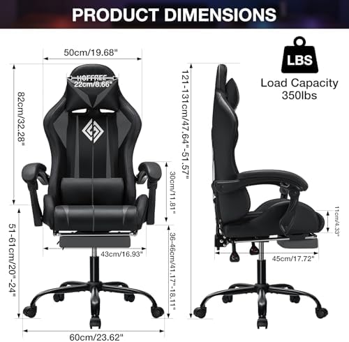 HOFFREE LED Gaming Chair with Massage RGB Lights Computer Game Chair-Grey | Ergonomic Reclining Gamer Chair with Footrest High Back Video Game Chair with Adjustable Lumbar Support Linkage Armrest - Image 3