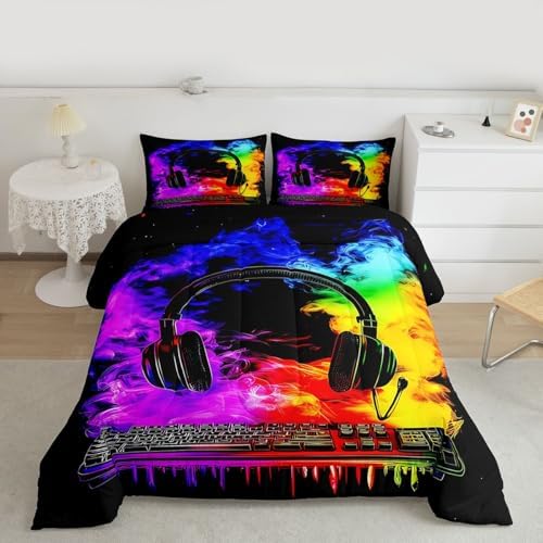 Erosebridal Gaming Keyboard Comforter Set Gaming Headphones Girl Toddler Bedding Set for Kids Boys Watercolor Smoke Fire Comforter Gamer Headset Quilt - Image 5
