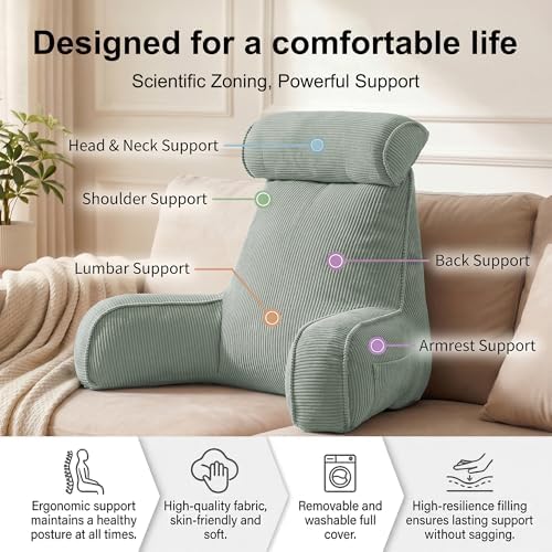 Corduroy Reading Pillow for Sitting Up, Bed Rest Pillow with Arms, Detachable Headrest, Side Pockets & Washable Cover, Back Support for Sofa Couch Relaxing, Grey Green - Image 3