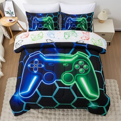 NTBED Game Console Comforter Set for Boys Girls Kids 3D Gaming Geometric Lightweight Microfiber Bedding Sets (Blue Green, Queen 5Pcs) - Image 2