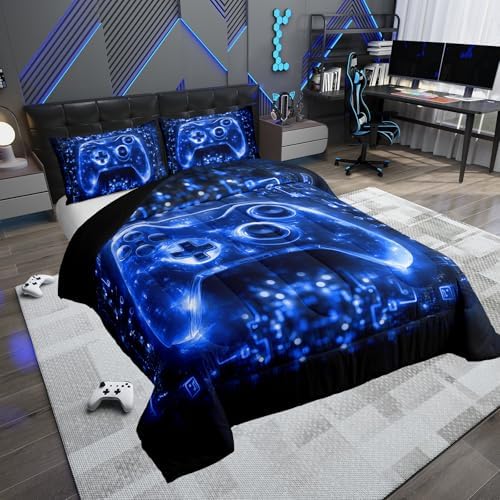 Feelyou Kids Boys Gamer Bedding Set Queen Size Video Game Gamepad Comforter for Boys Teens Blue Black Game Gaming Comforter Set Soft Microfiber - Image 2