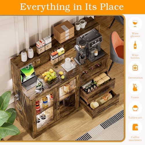 Home Bar Cabinet with Adjustable RGB LED Light, Wine & Coffee Storage with Rack & Drawers, Charging Station, Modern Liquor Cabinet for Living & Dining Room, All-in-One Wine Bar Cabinet (Rustic) - Image 6