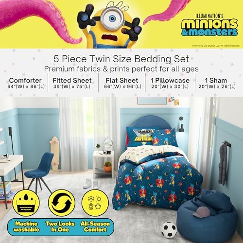 Minions and Monsters Movie Kids Bedding Set, Twin Size 5 Piece Comforter and Sheet Set with Sham, (Officially Licensed Product) by Franco - Image 3