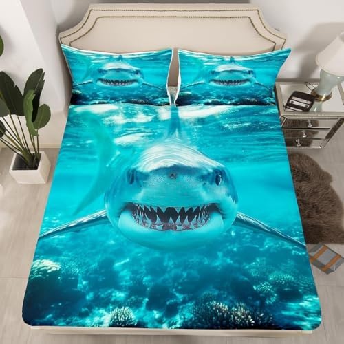 3D Shark Bed Sheets for Kids Boys Teens Marine Life Ocean Shark Sheet Set Sea Underwater Fitted Sheet Aquatic Animal Bedding Set, Nautical Flat Sheet Room Decor 4Pcs Sheets King Size, Blue White - Image 2