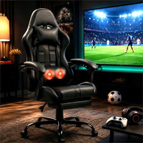 ECOTOUGE Massage Gaming Chair with Footrest & Lumbar Support, Black | Premium PU Leather; Ergonomic Massage Lumbar; 90-135° Recline; Height Adjustable; Retractable Footrest; 330Lbs Steel Frame - Image 2