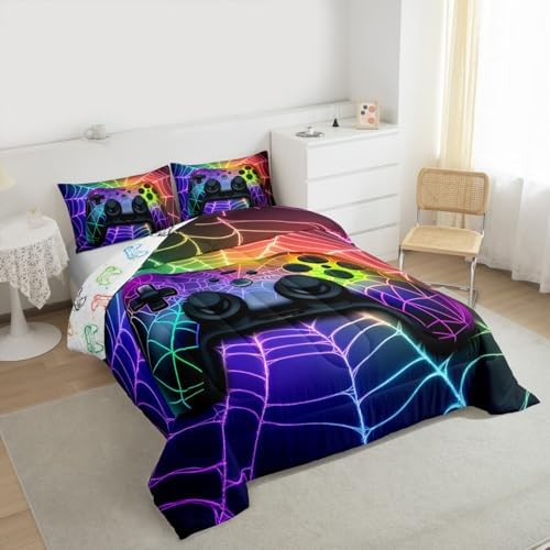 Gamer Bedding Set Rainbow Spider Web Kids Bedding Sets for Boys,Ball Game Consoles Boys Bedding Gothic Cobweb Sports Bedding Sets for Boy Queen,Gaming Decor for Boy Bedroom Decor Gamer Gifts - Image 6