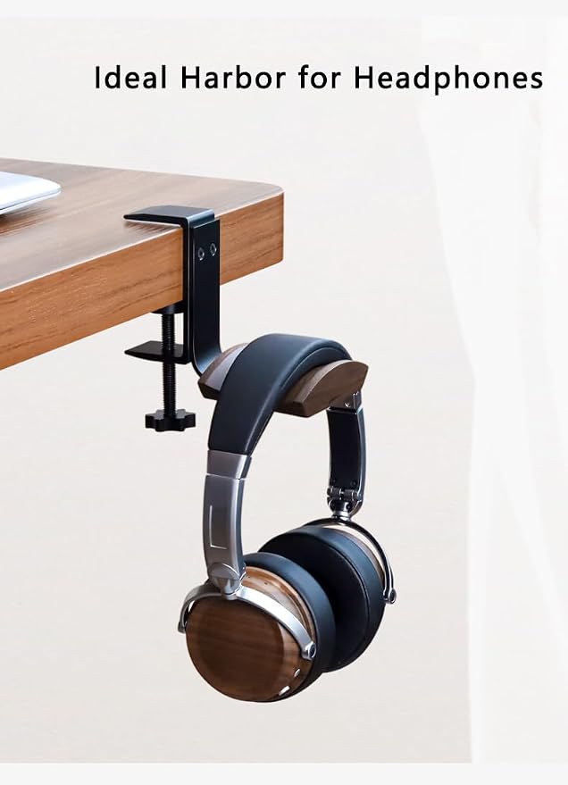 Walnut Wood Headset Holder Universal Adjustable Clamp-on Headphone Stand | Headphone Holder with 6cm Wide Walnut Headrest,Headset Stand Aluminum Headphone Hook for Over Ear and Gaming - Image 2
