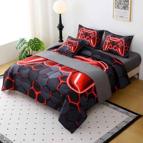 JQinHome Queen Size Gaming Bedding Set 6-Piece Comforter for Boys Teens - 3D Video Game Print Bed in a Bag with Sheets, Red Cool Black Design (Queen) - Image 3