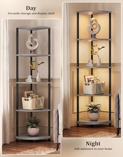 Corner Shelf with LED Light, 5 Tier Smart Color Changing Floor Lamp with Remote, 62" Display Shelf Bookshelf Narrow Storage Rack Standing Lamp for Living Room Bedroom Home Office Decor, Grey - Image 6