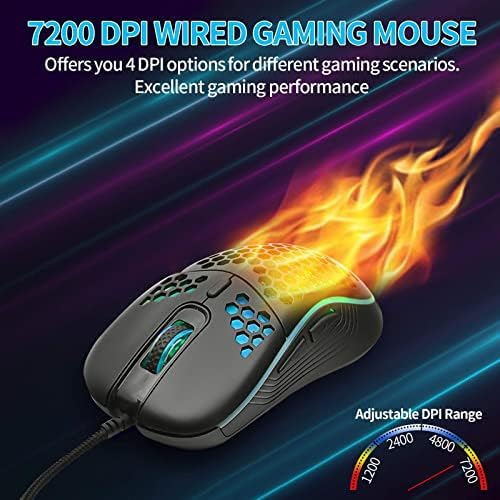 Techsea Honeycomb Wired Gaming Mouse with RGB On/Off Switch, 7200 Adjustable DPI, Ergonomic Lightweight Design & High Precision Sensor for PC/Mac Gamers (Black) - Image 3