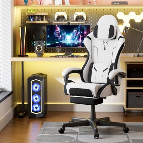 Ferghana Breathable Fabric Ergonomic Gaming Chair, Ergonomic High Back Gamer Chair with Footrest and Linkage Armrest, Office Computer Video Game Chair for Adult, White/Black - Image 2