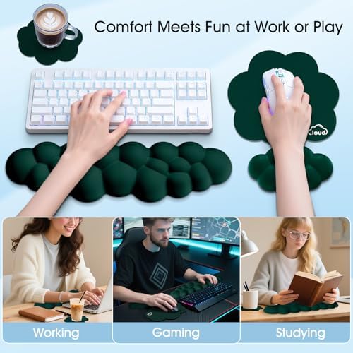Cloud Wrist Rest Keyboard Cushion and Cloud Mouse Pad, Dark Green | 4-in-1 Ergonomic Cloud Keyboard Wrist Rest Set, Memory Foam, Arm Support for Palm, Cute Desk Accessory for PC Gaming Setup - Image 6