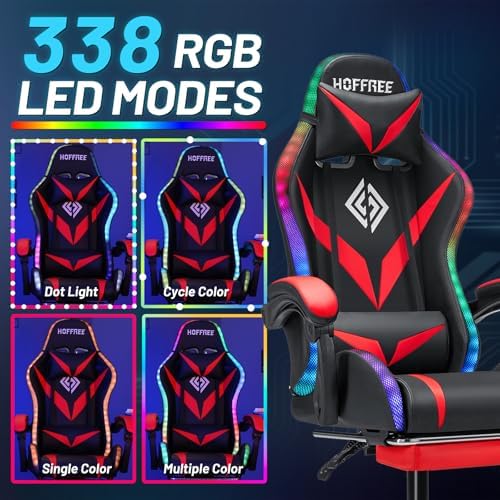 LED Gaming Chair with Speakers RGB Lights Massage Computer Chairs-Red | Bluetooth Game Chairs for Adults;Ergonomic High Back Video Game Chair; Reclining Gamer Chair with Footrest Lumbar Support - Image 5
