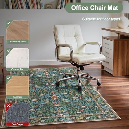 Anidaroel 36"x48" Office Chair Mat for Hardwood Floor/Tile Floor, Vintage Desk Rug for Office, Anti-Slip Office Rugs for Rolling Chairs, Low Pile Offices Chair Rug,Navy Blue Floral Bird - Image 5