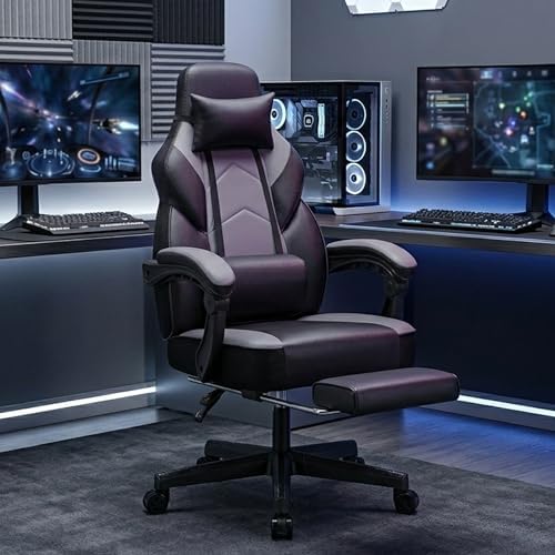 Gaming Chair for Adults, Grey Video Game Chair with Footrest, Big and Tall Gaming Chair Heavy Duty Computer Chair with Massage Lumbar, Ergonomic Adjustable Height and 360° Swivel, PU Leather, Grey - Image 2