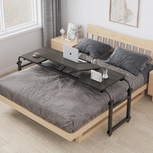 TigerDad Tilt Overbed Table with Wheels, Height Adjustable Rolling Desk for King Queen Bed, Tilting Laptop Cart Mobile Computer Workstation, Dekuwood by TigerDad