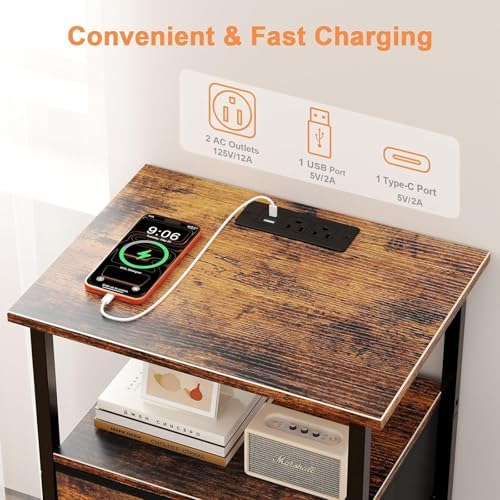 Nightstand with Charging Station, Bedside End Table with 2 Fabric Drawers for Bedroom, Side Table with USB Ports and Outlets, Rustic Brown - Image 3