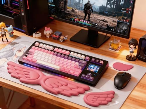 Angel Wing Wrist Rest Ergonomic Memory Foam Wrist Rest for Computer Keyboard Mouse Set with Cup Mat, Cute Gaming Keyboard Cushion Hand Support PU Leather Surface Anti-Slip Waterproof (Rose Red) by Unknown
