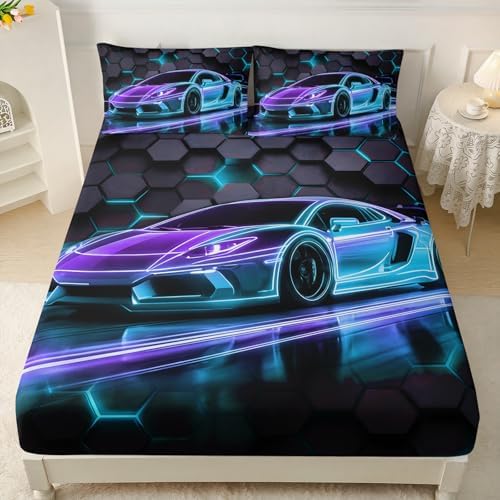 HOSIMA Race Car Queen Bedding Sets for Boys,1 Fitted Sheet+2 Pillowcases. - Image 2