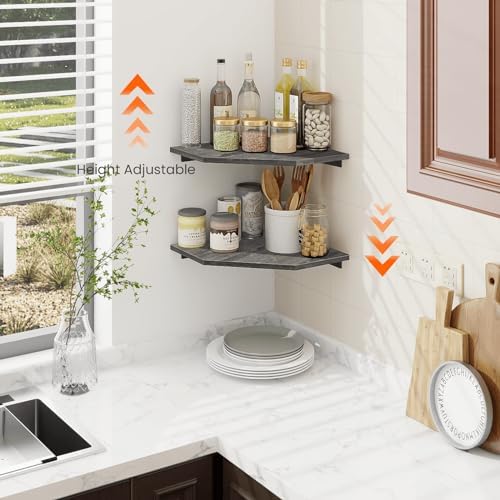 Homode Corner Shelf Wall Mount, Set of 2 Corner Floating Shelves with Cord Hole for TV, Cable Box, Wood Hanging Storage Shelf Organizer for Bathroom Kitchen Living Room Bedroom, Rustic Grey - Image 2