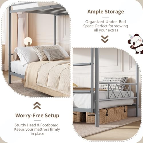 Garvee Bunk Bed Twin Over Twin with Extra High Guardrail, Heavy Duty Metal Frame & Sturdy Slats, No Box Spring Needed, Space Saver, Gray - Image 4