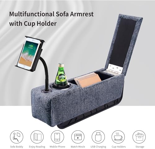 Multifunctional Sofa Armrest, Couch Armrest with Cup Holder, Removable Sofa Caddy with Storage,Equipped with LED Reading Light&Wireless Charge Stand, Navy - Image 4