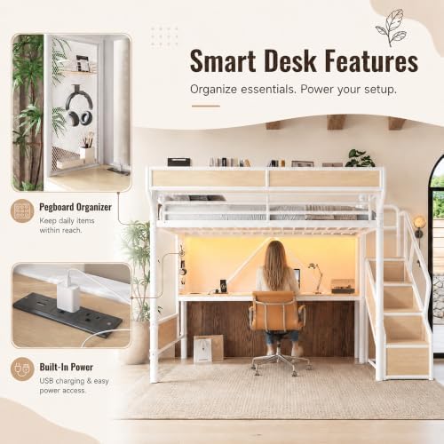 KEIKI Twin XL Size Metal Loft Bed Frame with Storage Staircase, Desk, White - Image 5